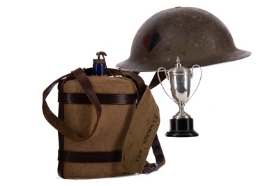 Lot 82 - DOROTHY WALKER A.T.S. - HER HELMET AND WATER BOTTLE, ALONG WITH A TENNIS TROPHY