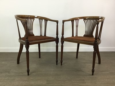 Lot 200A - A PAIR OF EDWARDIAN SALON TUB CHAIRS, ALONG WITH AN OAK ARMCHAIR AND PIANO STOOL