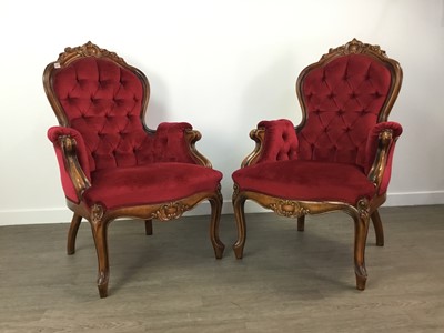 Lot 361 - A PAIR OF REPRODUCTION VICTORIAN STYLE ARMCHAIRS