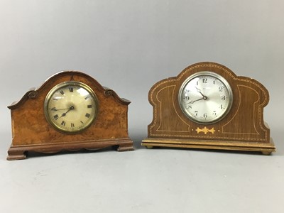 Lot 163 - AN EARLY 20TH CENTURY OAK MANTEL CLOCK ALONG WITH ANOTHER AND A TYPEWRITER