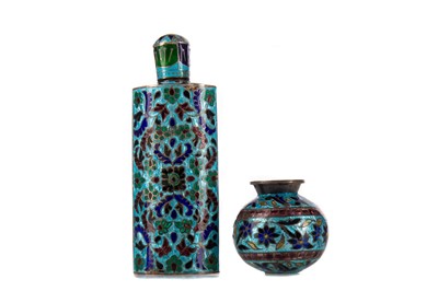 Lot 480 - AN EASTERN WHITE METAL AND CLOISONNE ENAMEL SCENT BOTTLE, ALONG WITH A VASE