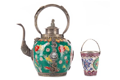 Lot 464 - A CHINESE WHITE METAL AND CANTON ENAMEL TUMBLER, ALONG WITH A TEAPOT