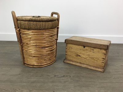 Lot 126 - A WICKER ARMCHAIR, FOOTSTOOL, BASKET AND BOX