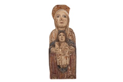 Lot 1210 - A CARVED WOODEN ICON OF MADONNA AND CHILD
