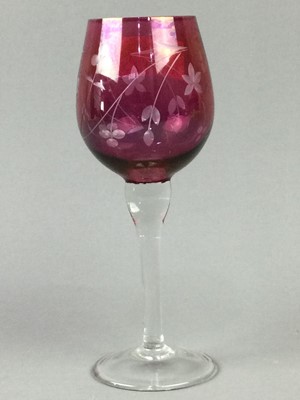 Lot 200 - TWELVE CRANBERRY FLASHED WINE GLASSES AND OTHER COLOURED GLASS WARE