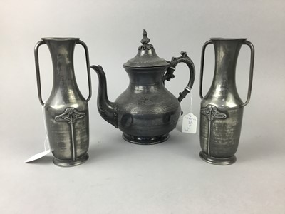 Lot 217 - A PAIR OF PEWTER VASES AND A TEAPOT