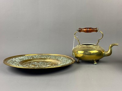 Lot 219 - A VICTORIAN BRASS TEA KETTLE AND OTHER BRASS ITEMS