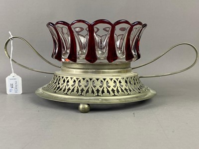 Lot 225 - A CRANBERRY GLASS AND SILVER PLATED CENTRE PIECE AND OTHER SILVER PLATED WARE