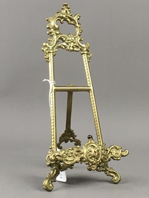 Lot 97 - A LOT OF THREE BRASS PICTURE EASELS ALONG WITH SILVER PLATE