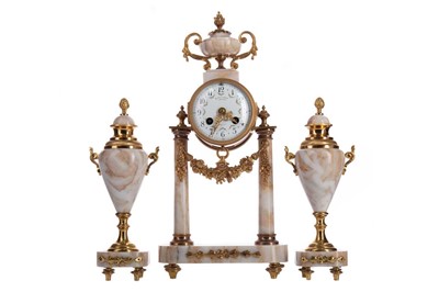 Lot 618 - A LATE 19TH CENTURY MARBLE AND BRASS CLOCK GARNITURE