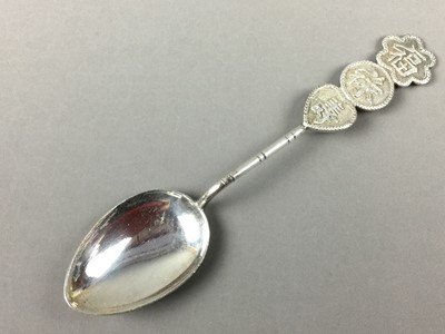 Lot 14 - A LOT OF TWO SETS OF SIX CHINESE SILVER TEASPOONS AND ANOTHER