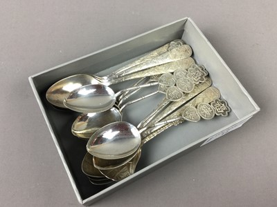 Lot 14 - A LOT OF TWO SETS OF SIX CHINESE SILVER TEASPOONS AND ANOTHER