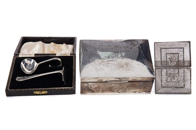 Lot 178 - A SILVER CIGARETTE BOX ALONG WITH A CARD CASE AND SPOON AND PUSHER SET