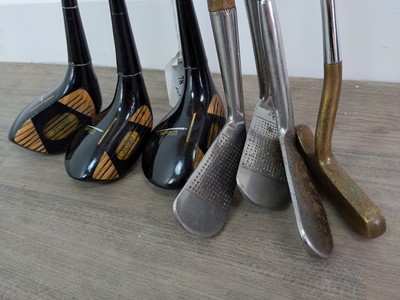 Lot 78 - TWO VINTAGE HICKORY SHAFTED GOLF CLUBS AND OTHER CLUBS