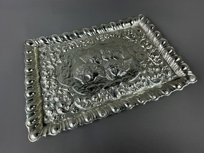 Lot 281 - AN ART NOUVEAU EMBOSSED RECTANGULAR TRAY, FRAMES, PENCILS AND OTHER OBJECTS