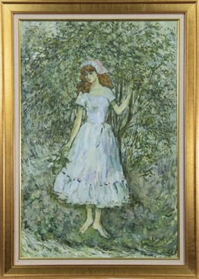Lot 130 - THE GIRL IN THE FROCK, AN OIL BY ROBERT MULHERN