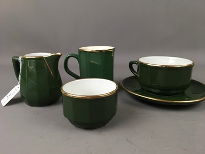 Lot 314 - A GREEN AND GILDED TEA SERVICE, TWO DECANTERS AND A PLATED TRAY