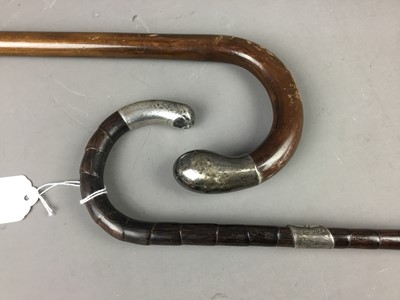 Lot 417 - TWO SILVER COLLARED WALKING STICKS, BASKET AND SCALES