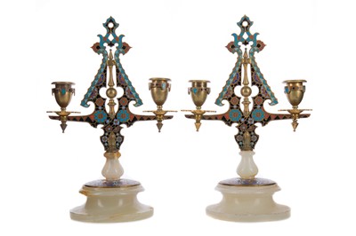 Lot 823 - A PAIR OF LATE 19TH CENTURY FRENCH BRASS AND CHAMPLEVE ENAMEL TWIN-BRANCH CANDELABRA