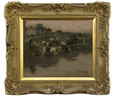 Lot 208 - CATTLE WATERING BY A RIVERSIDE AT DAWN, AN OIL BY WILLIAM KENNEDY