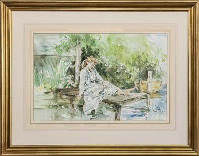 Lot 134 - AT THE DOCK, A WATERCOLOUR BY GORDON KING
