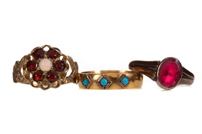Lot 427 - A TURQUOISE RING, GARNET AND OPAL CLUSTER RING AND ONE OTHER