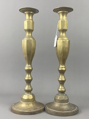 Lot 459 - A LARGE PAIR OF BRASS CANDLESTICKS, ANOTHER PAIR AND VASES