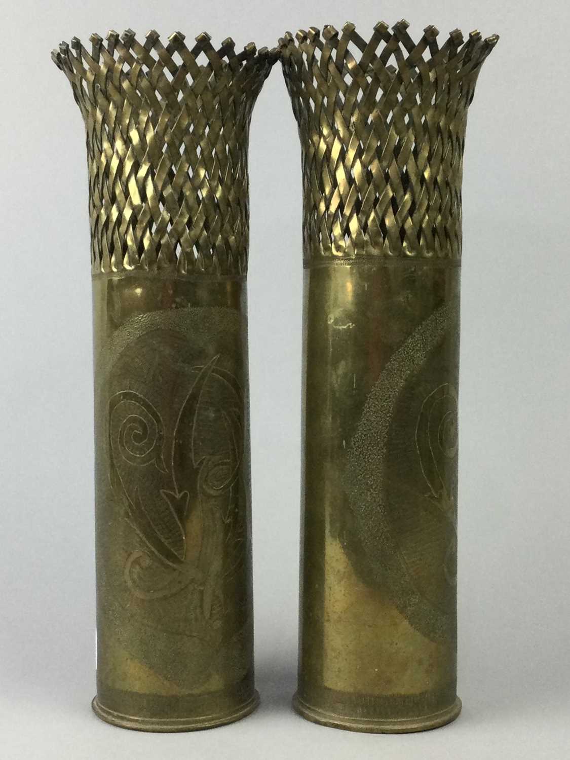 Lot 73 - A PAIR OF FRENCH WWI TRENCH ART SHELL CASES