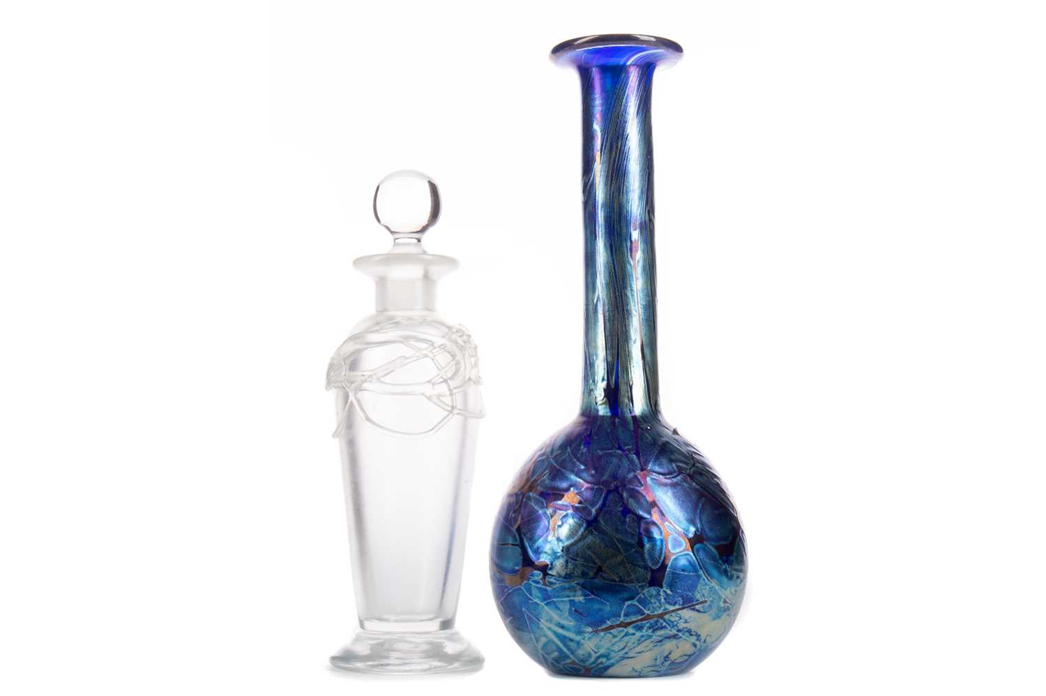 Lot 266 - A GOZO IRRIDESCENT GLASS VASE AND PERFUME BOTTLE BY DAVID WALLACE