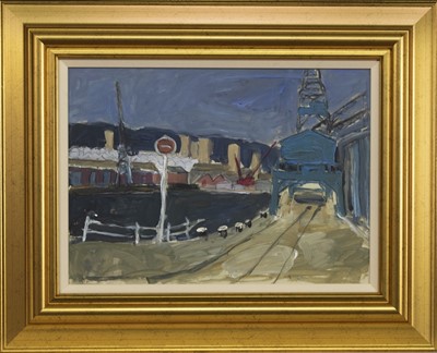 Lot 149 - THE CLYDE FROM GOVAN, AN OIL BY SHEILA MACMILLAN