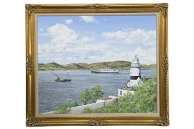 Lot 163 - THE CLOCH LIGHTHOUSE WITH VIEW ACROSS THE CLYDE, AN OIL BY JAMES CURRY BURNIE