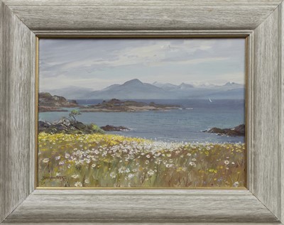 Lot 191 - SKYE HILLS FROM DRUMBUIE, AN OIL BY SHEILA MACLEOD ROBERTSON