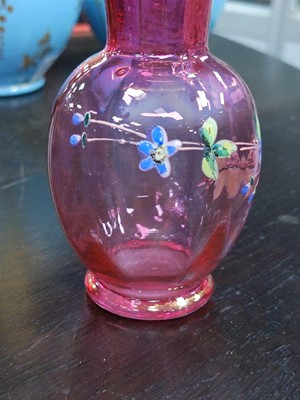 Lot 23 - TWO MARY GREGORY CRANBERRY GLASS VASES AND OTHER GLASS