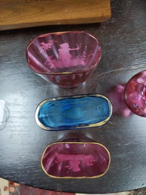 Lot 23 - TWO MARY GREGORY CRANBERRY GLASS VASES AND OTHER GLASS