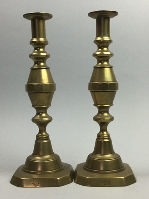 Lot 41 - A PAIR OF BRASS 'THE 1901' CANDLESTICKS AND AN ART NOUVEAU TRAY