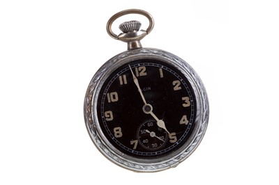 Lot 830 - AN ELGIN MILITARY OPEN FACE NICKEL PLATED POCKET WATCH