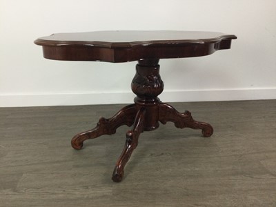 Lot 229 - A WALNUT AND MARQUETRY COFFEE TABLE, TWO CIRCULAR TABLES AND A WINE TABLE