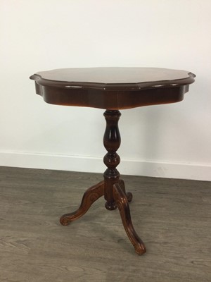Lot 229 - A WALNUT AND MARQUETRY COFFEE TABLE, TWO CIRCULAR TABLES AND A WINE TABLE