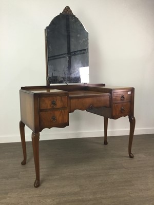 Lot 230 - A WALNUT DRESSING TABLE, CUPBOARD CHEST, BEDSIDE CUPBOARD AND DRESSING STOOL