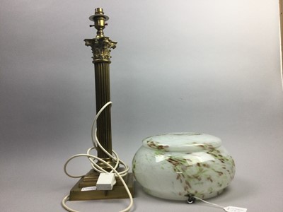 Lot 38 - A GLASS SHADE AND TWO BRASS LAMPS