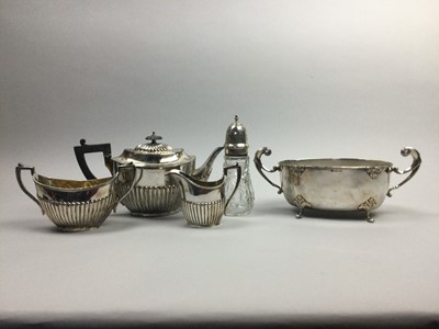 Lot 117 - A SILVER PLATED THREE PIECE TEA SERVICE AND OTHER PLATED WARE