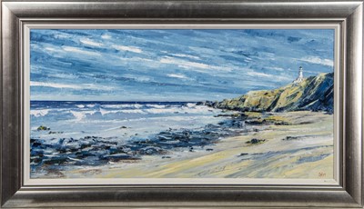 Lot 198 - BLASHIE DAY, TURNBERRY LIGHTHOUSE, AN OIL BY ERNI UPTON