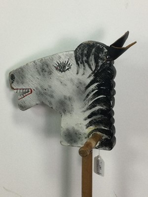 Lot 187 - A PAINTED WOOD HOBBY HORSE ALONG WITH A KNITTING RACK AND OTHER VINTAGE OBJECTS