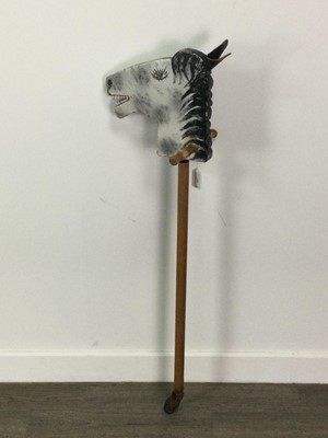 Lot 187 - A PAINTED WOOD HOBBY HORSE ALONG WITH A KNITTING RACK AND OTHER VINTAGE OBJECTS