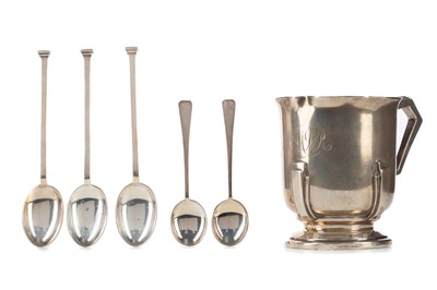 Lot 19 - AN ART DECO SILVER CHRISTENING MUG, ALONG WITH TWO SETS OF COFFEE SPOONS AND A CIGARETTE CASE