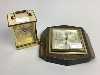 Lot 88 - A MANTEL CLOCK, A CARRIAGE CLOCK AND A BAROMETER