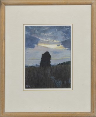 Lot 123 - ANCIENT STANDING STONE, A WATERCOLOUR BY ANGUS MCEWAN