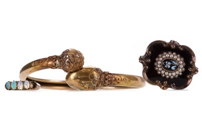 Lot 534 - A MOURNING BROOCH, PARTIAL OPAL RING AND A BANGLE