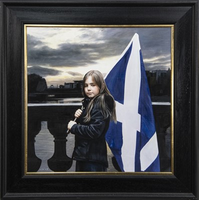 Lot 54 - GIRL WITH THE SALTIRE, AN OIL BY GERARD BURNS