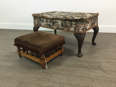 Lot 143 - A DROP LEAF TEA TABLE AND TWO STOOLS